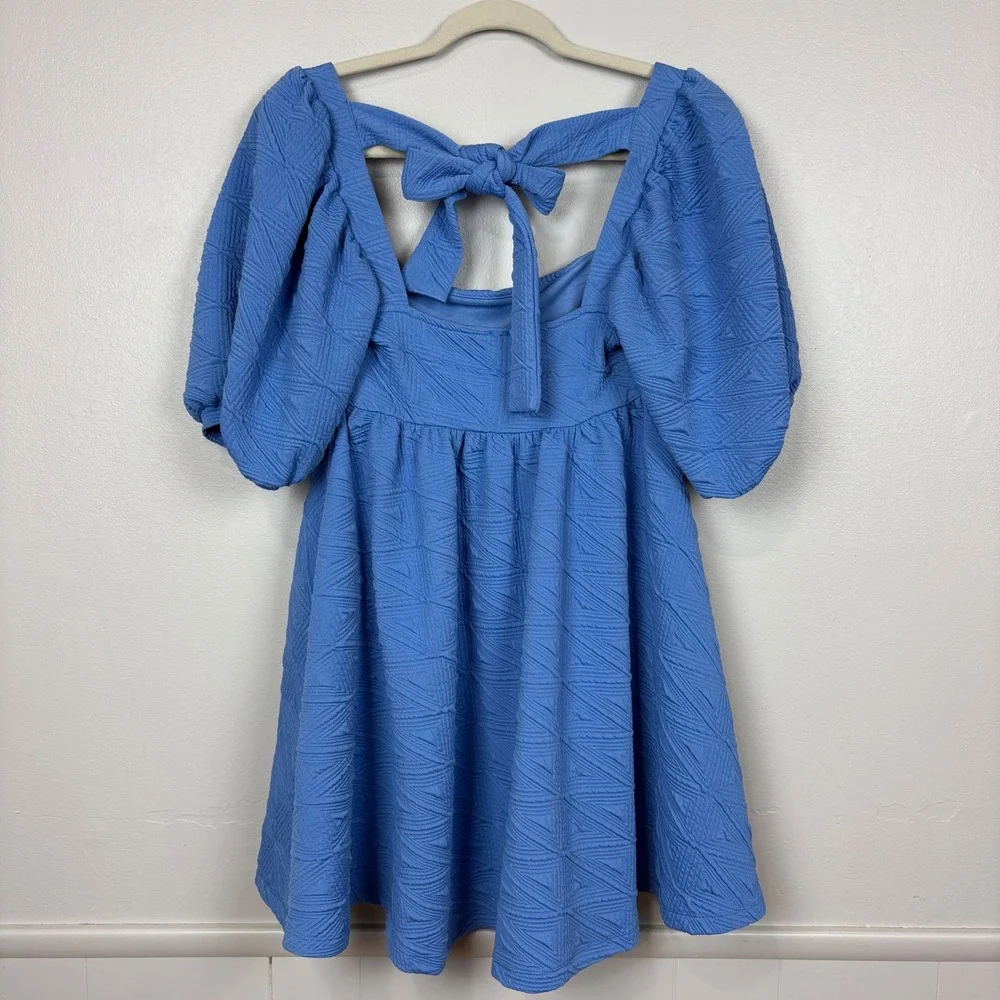 Free People Violet Puff Sleeve Mini Dress Blue Babydoll Textured‎ Matelasse Knit
